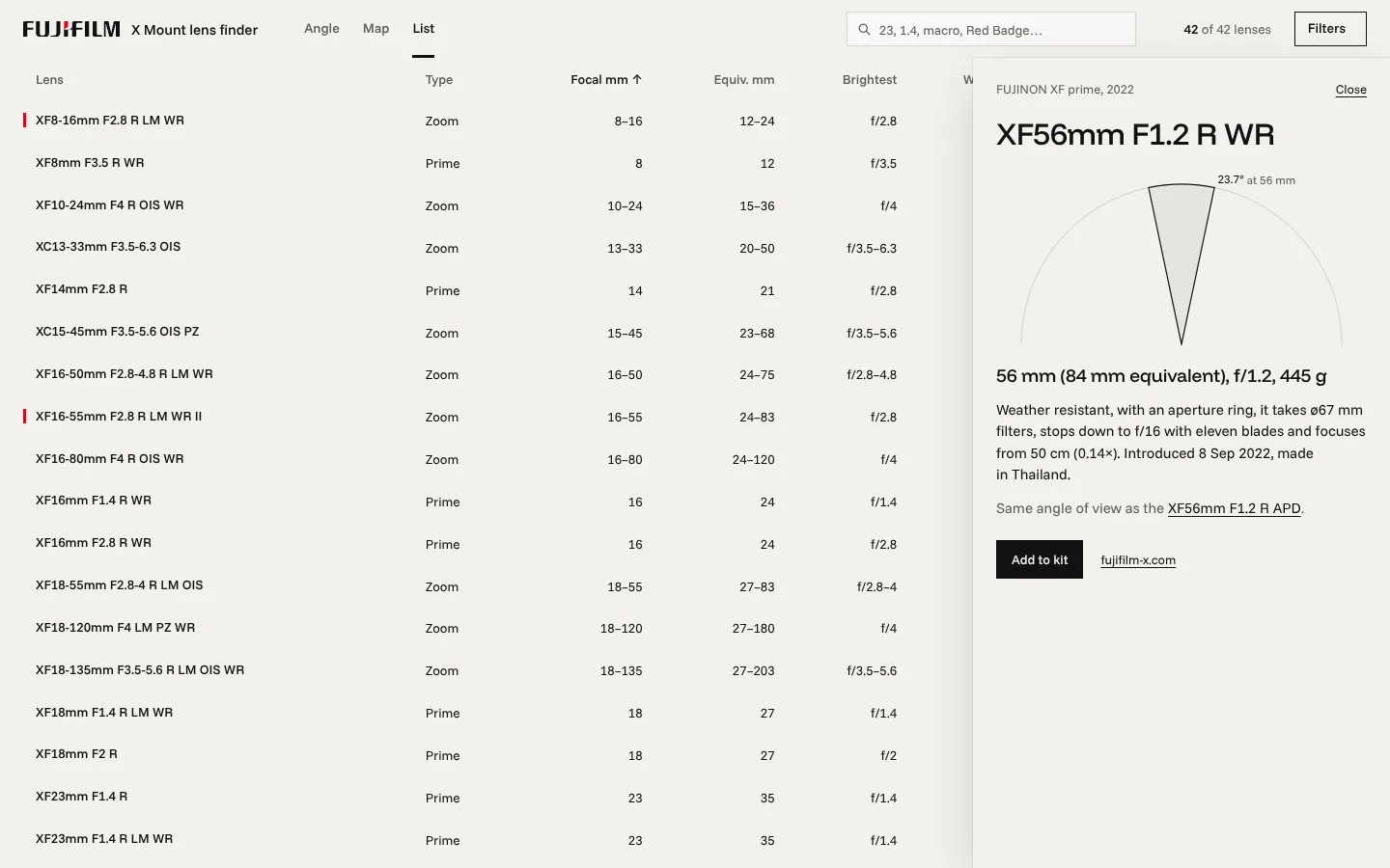 X Mount Lens Finder — list, with a lens open in the drawer