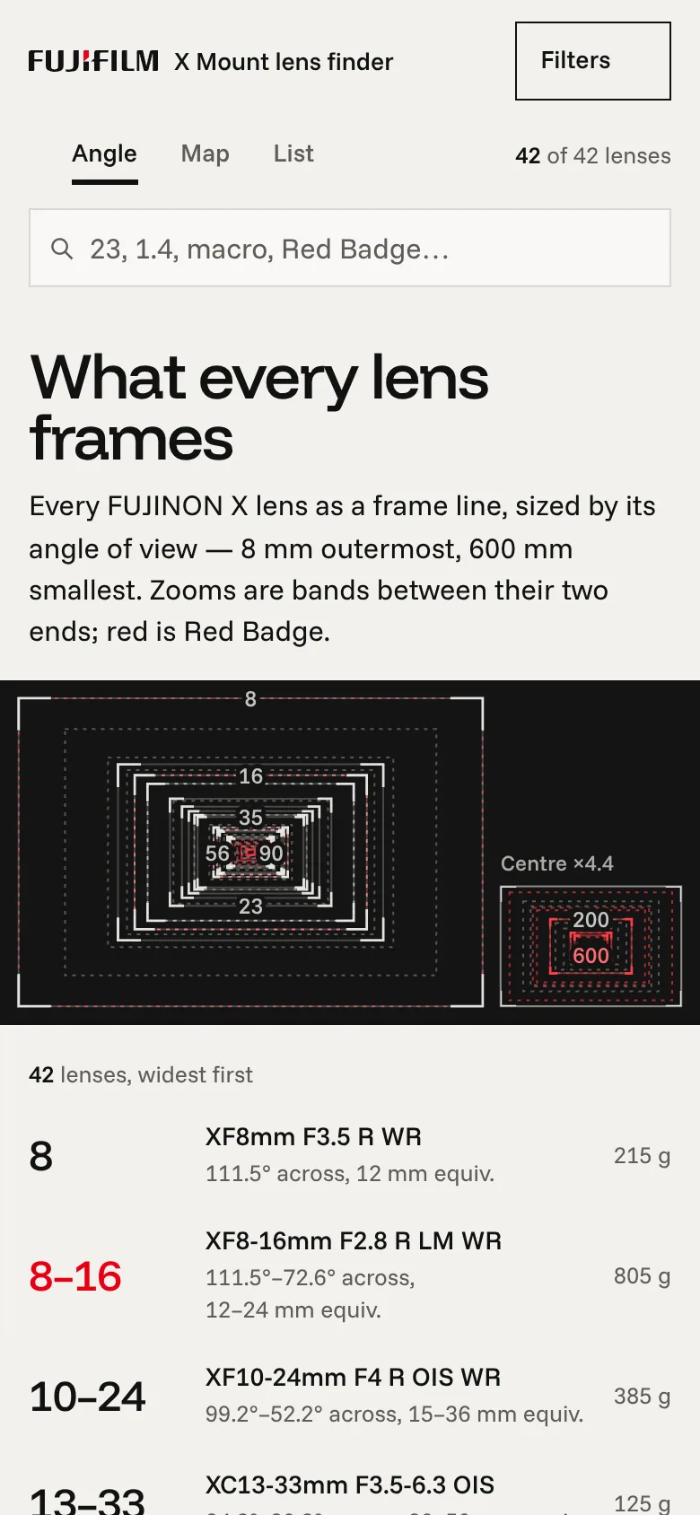 X Mount Lens Finder — the tool on a phone