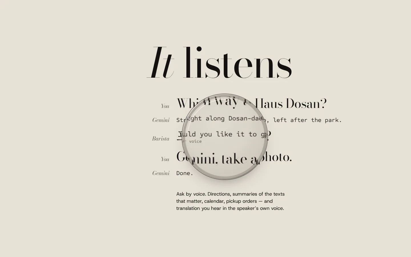 Gentle Monster — it listens: a question by voice, Gemini’s answer and a barista’s line heard translated