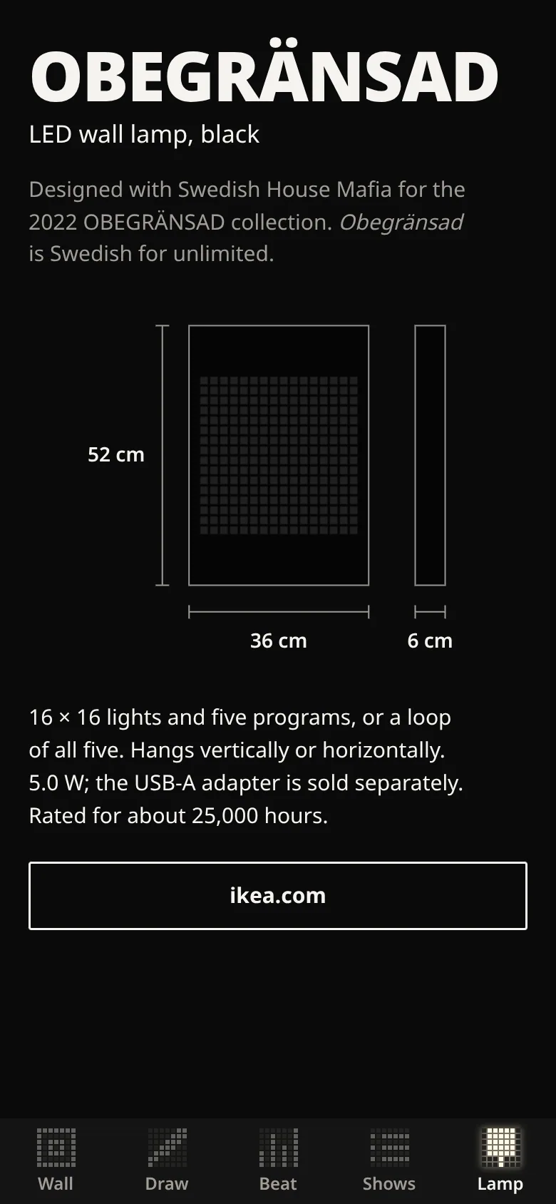 OBEGRÄNSAD Light Show — the lamp’s facts and a dimension drawing