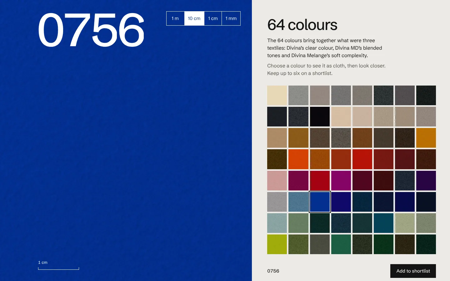 Kvadrat Divina — all 64 colours; picking one recolours the page