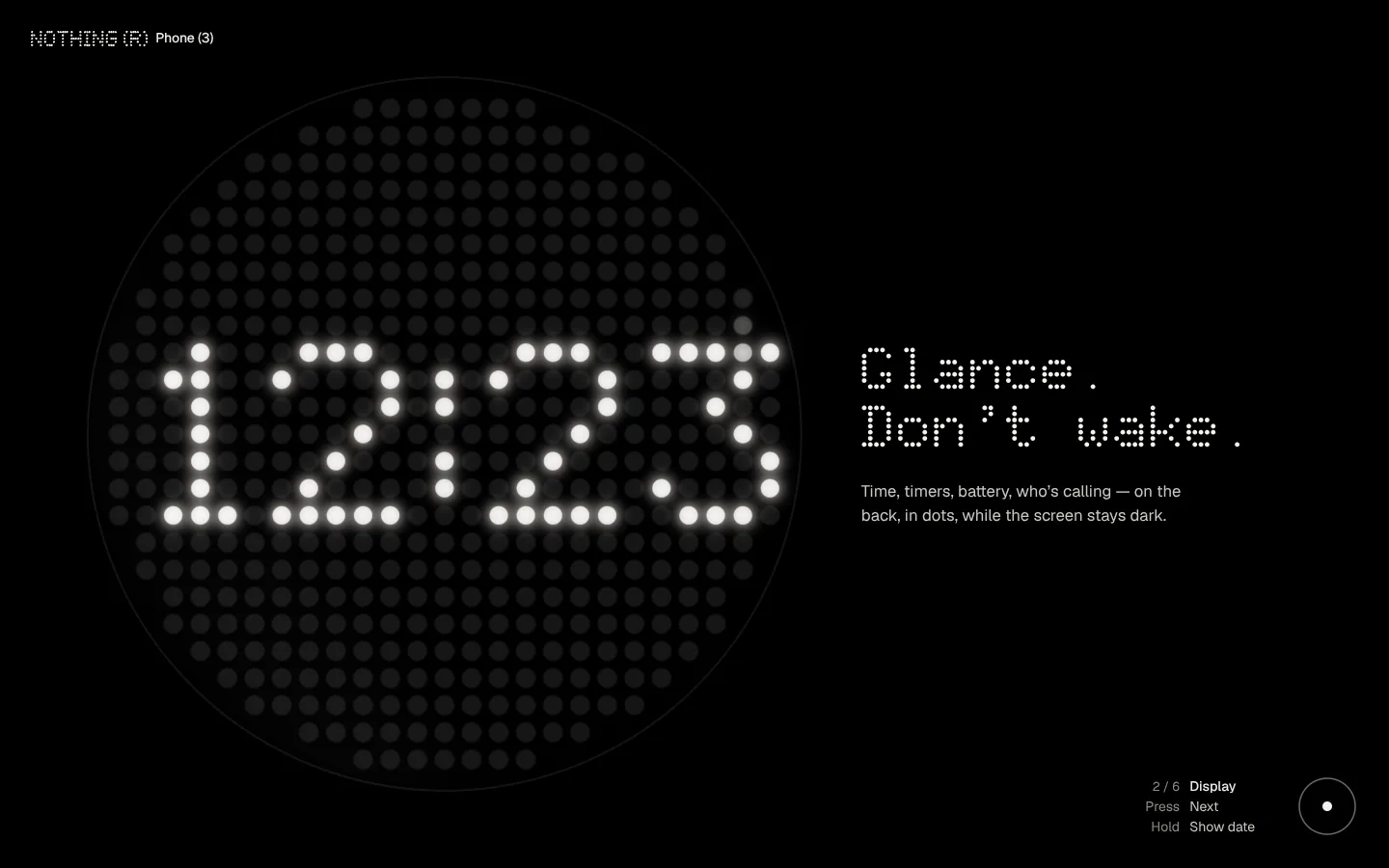Nothing Phone (3) — glance. Don’t wake: the matrix shows your local time