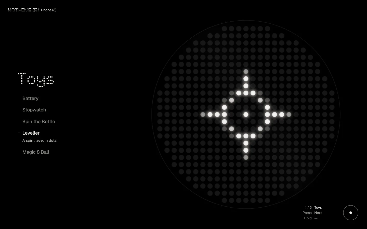 Nothing Phone (3) — toys: Battery, Stopwatch, Spin the Bottle, Leveller, Magic 8 Ball