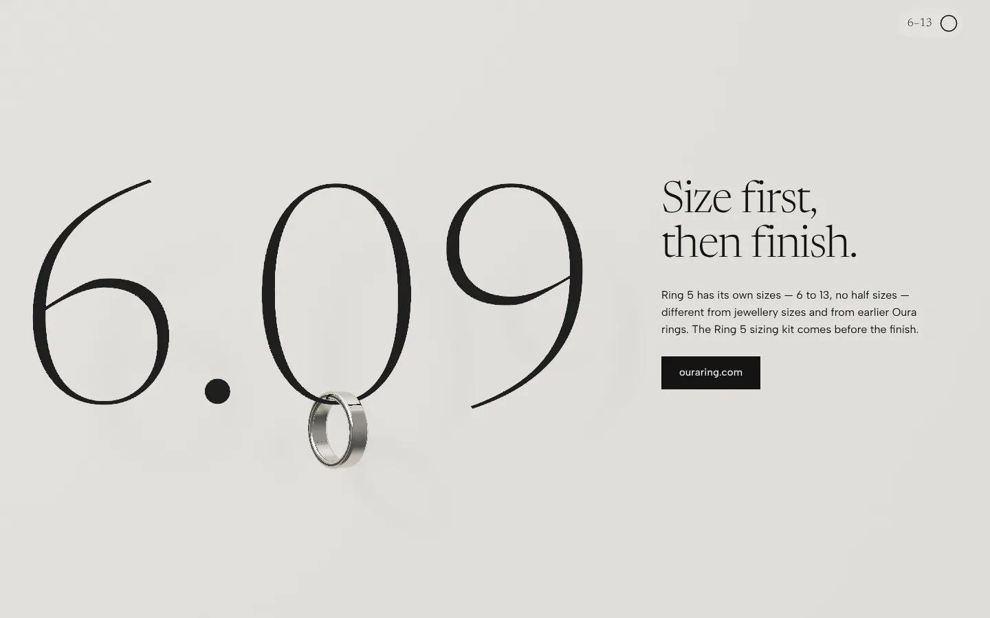 Oura Ring 5 — size first, then finish: sizes 6–13