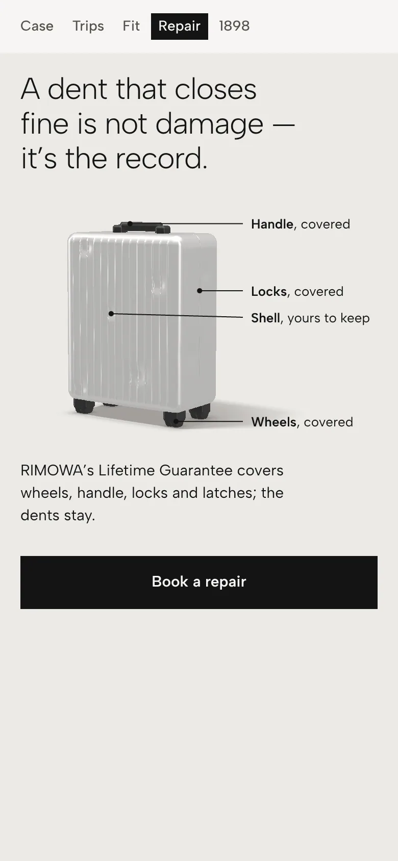 RIMOWA Patina — repair: functional parts covered, the shell yours to keep