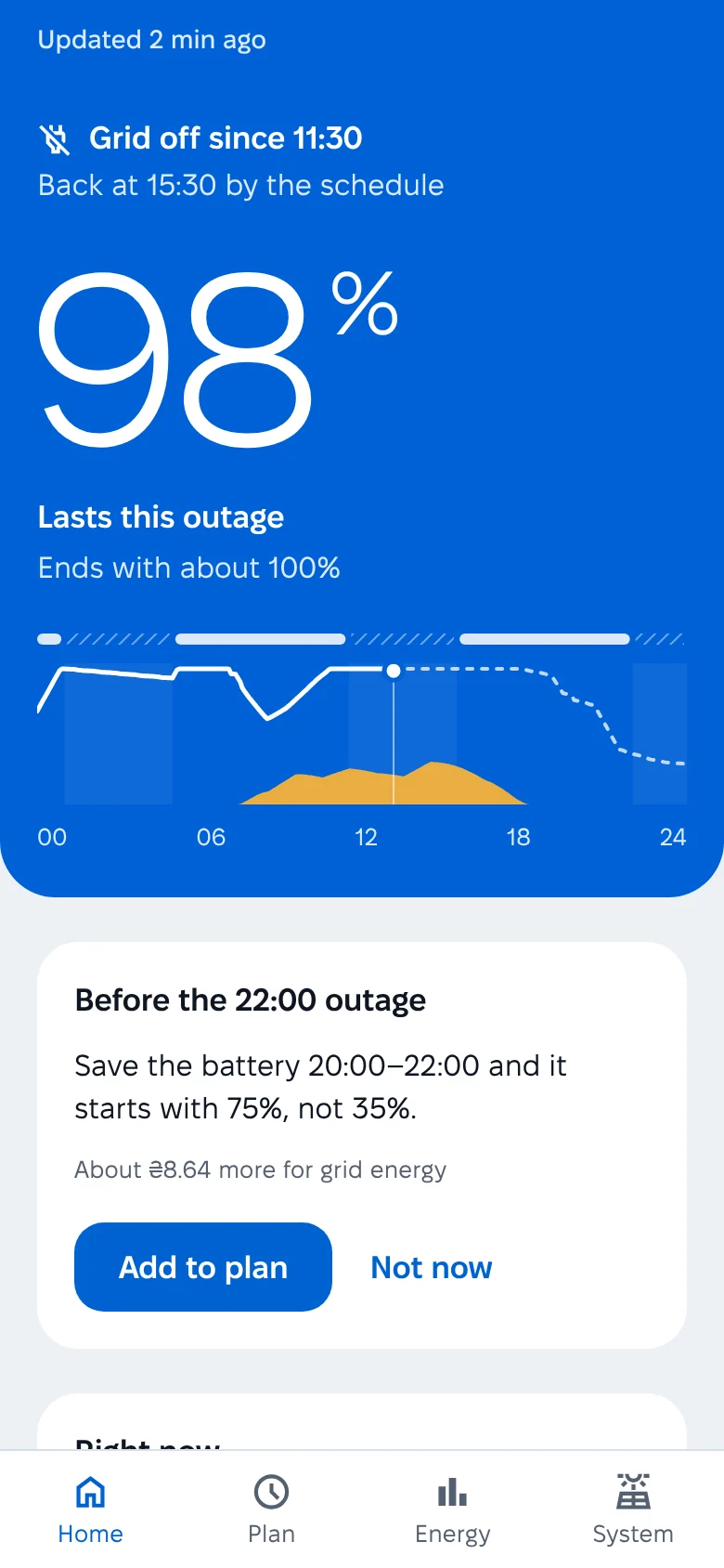 SOLARMAN Smart — during the midday outage: 98%, enough for this outage