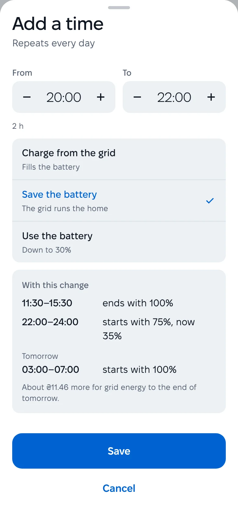 SOLARMAN Smart — a plan time, previewed on the next outages before it is saved