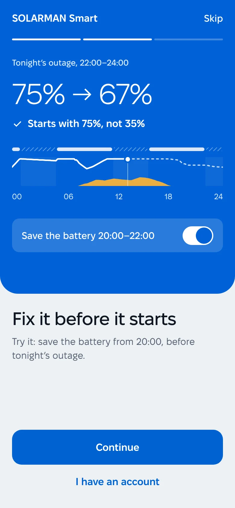 SOLARMAN Smart — try the change: tonight’s outage goes from 35% to 75% at the start