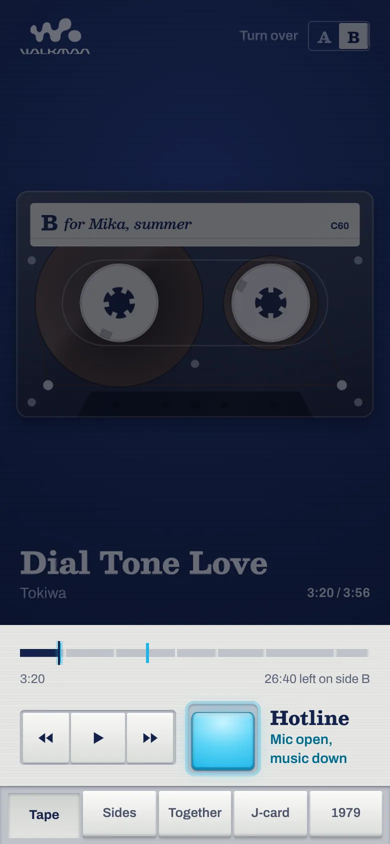 Walkman Hotline — hotline held: the mic is open and the music dips