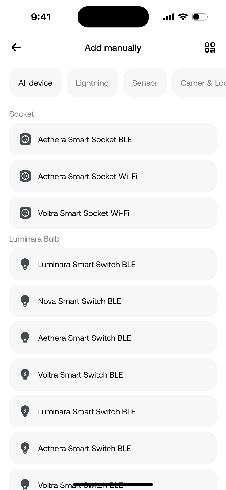 Manual selection · Device categories and BLE / Wi-Fi models