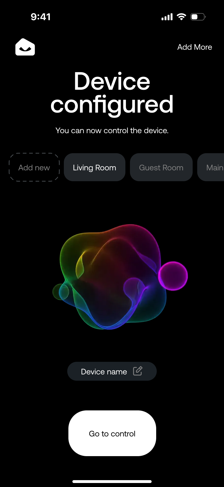 Connected · Room, device name and the next action
