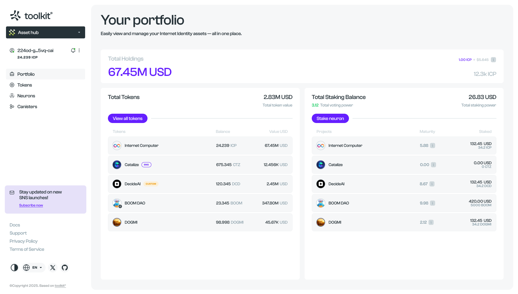Asset hub · Portfolio across tokens and projects