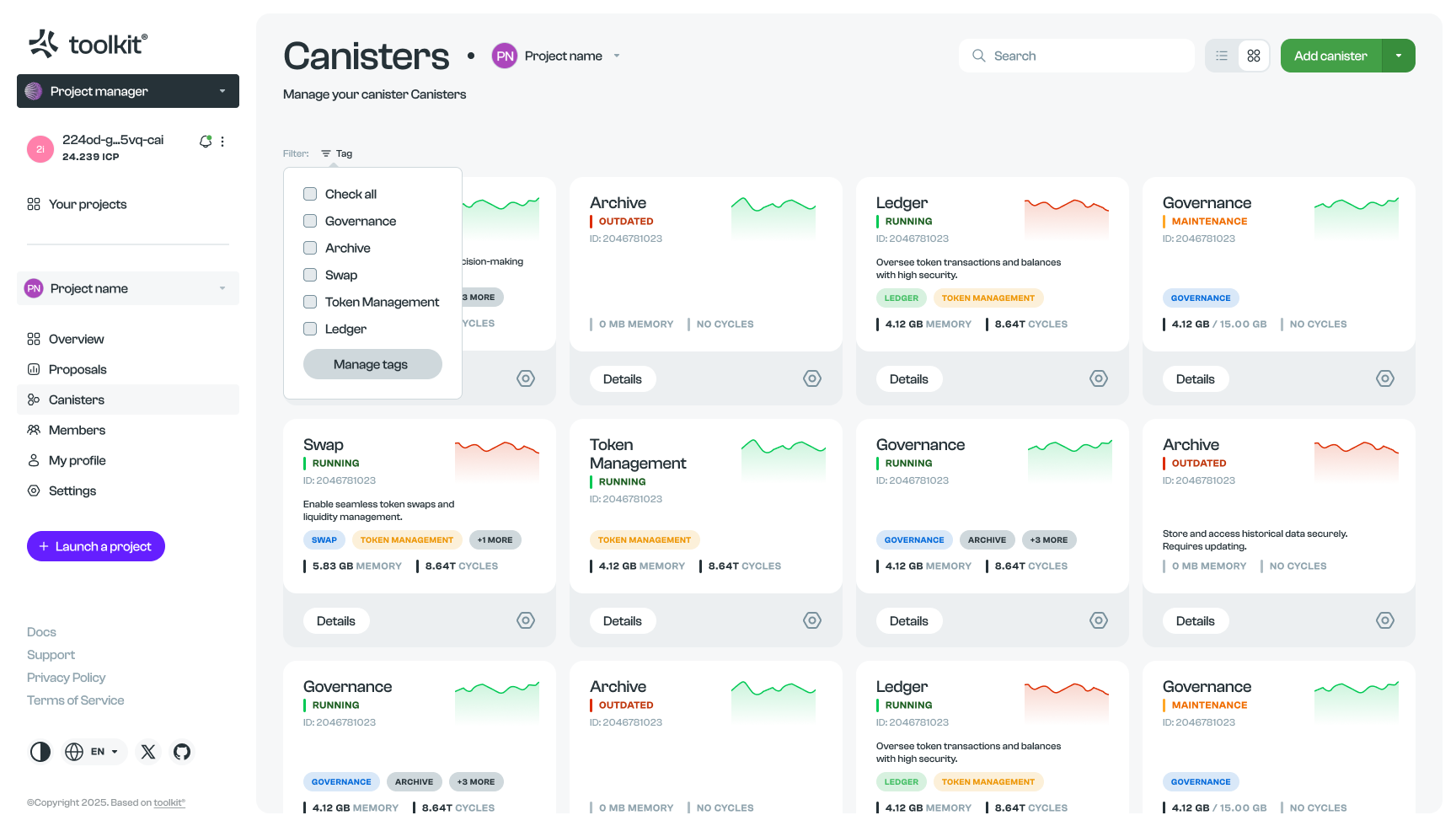 Canisters · Switching the project context