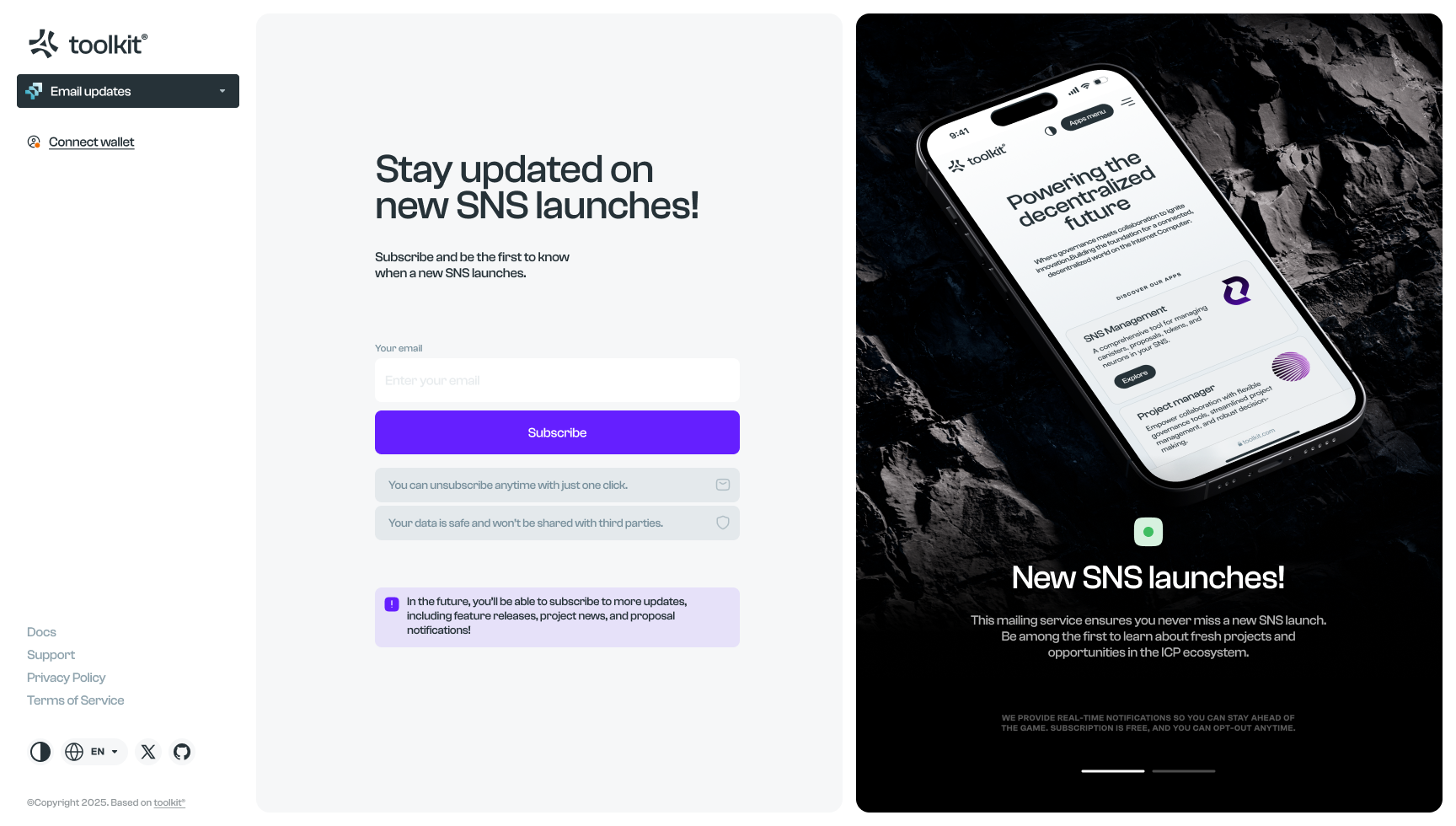 Email updates · SNS launch subscriptions