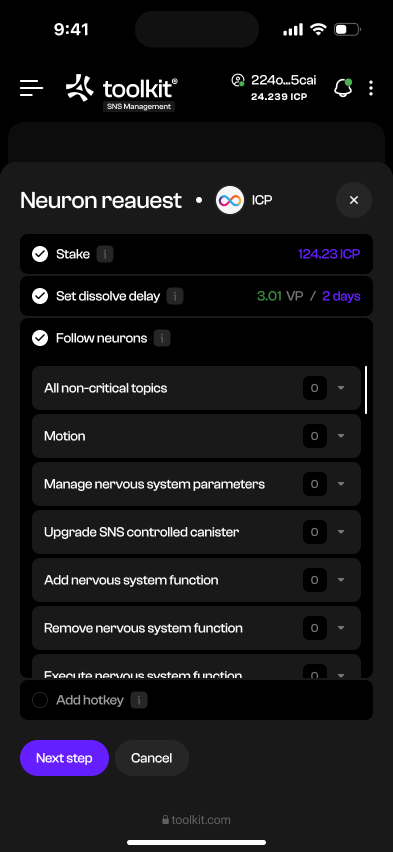 Treasury · Advanced neuron request settings