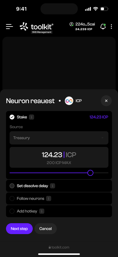 Treasury · Neuron request and token amount