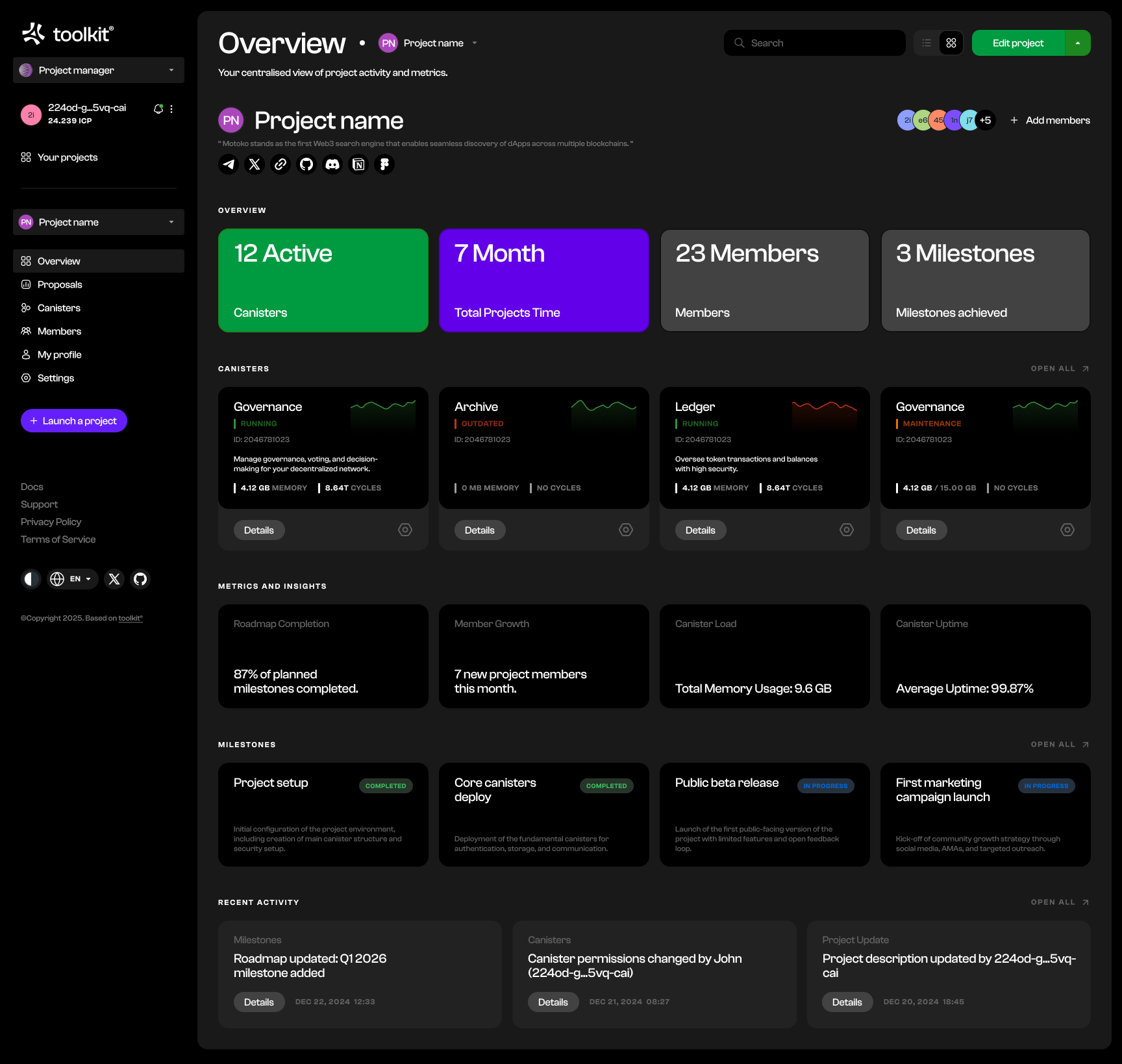 Project manager · Canisters, milestones and recent activity