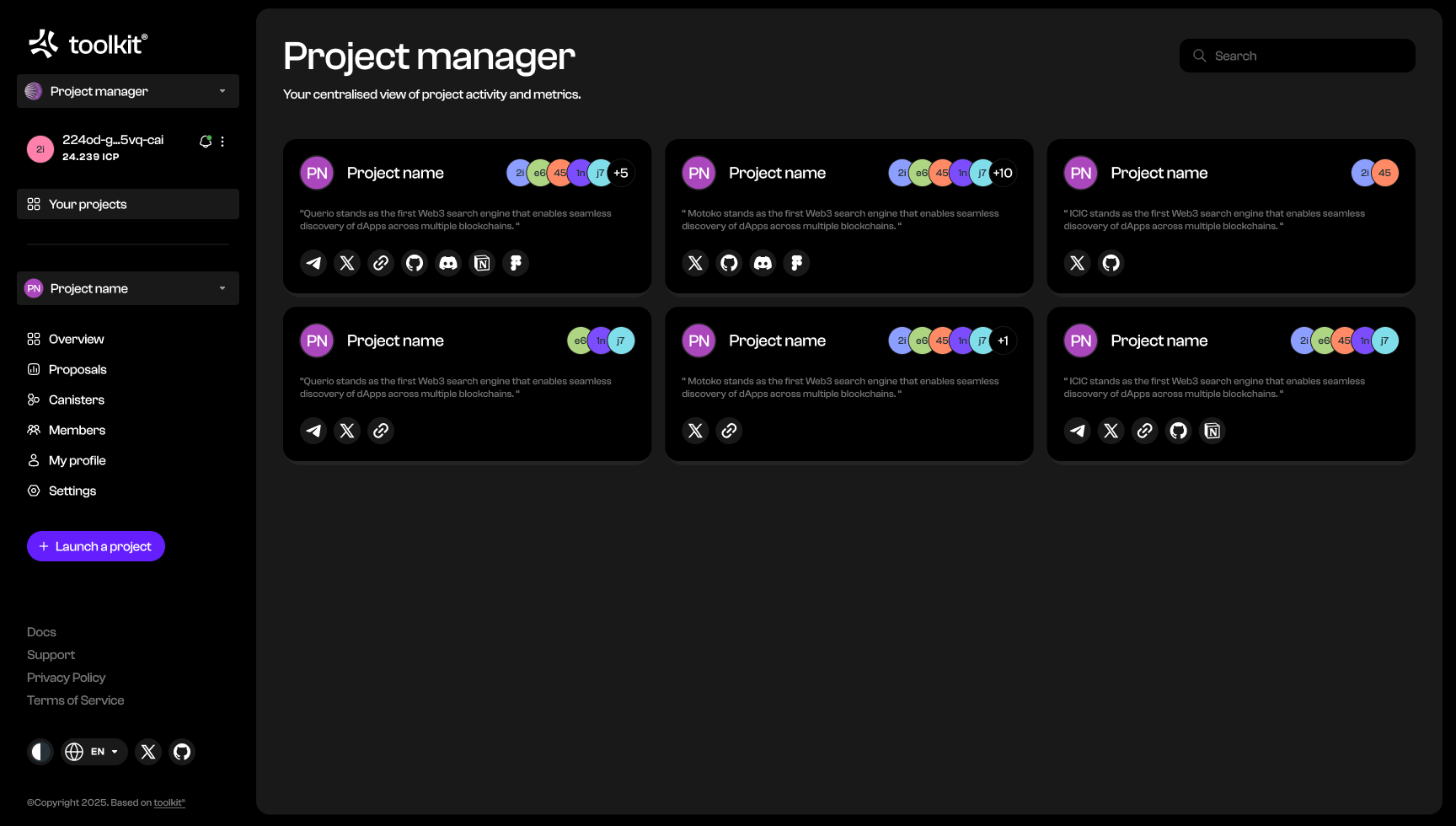 Project manager · Projects, members and shared navigation