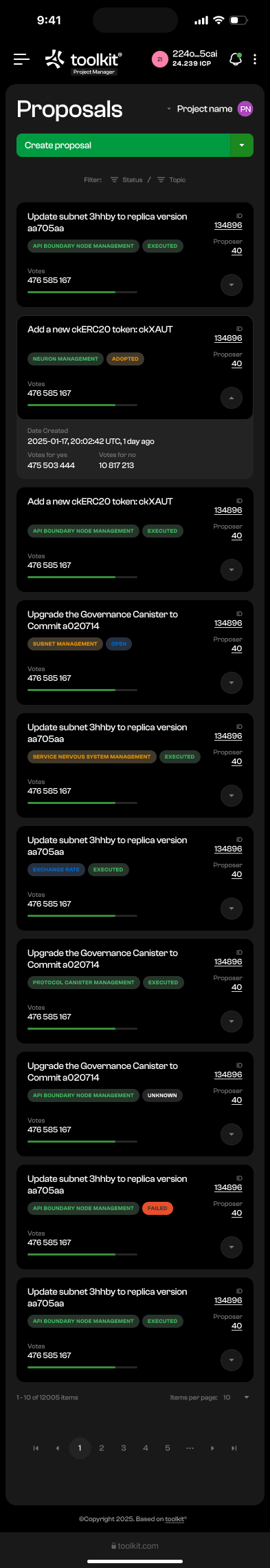 Proposals · Mobile list with status and votes
