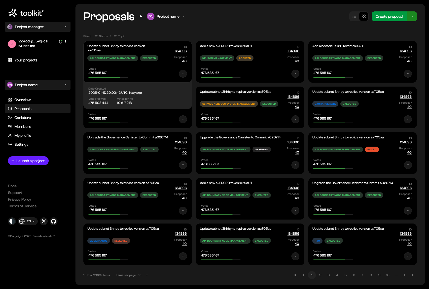 Proposals · Status, topics and proposal discovery