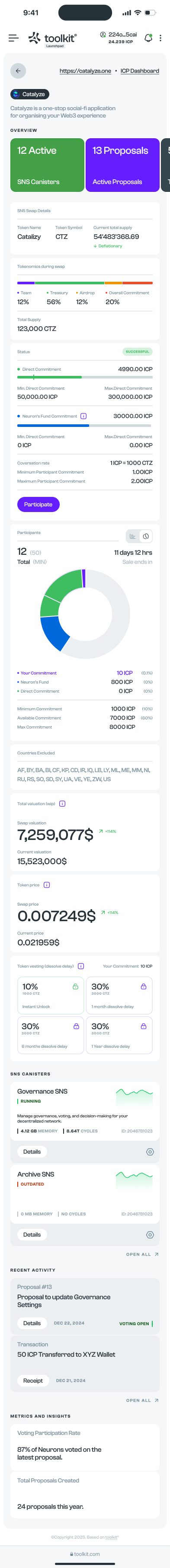 SNS · Mobile project overview: canisters, proposals, swap and tokenomics