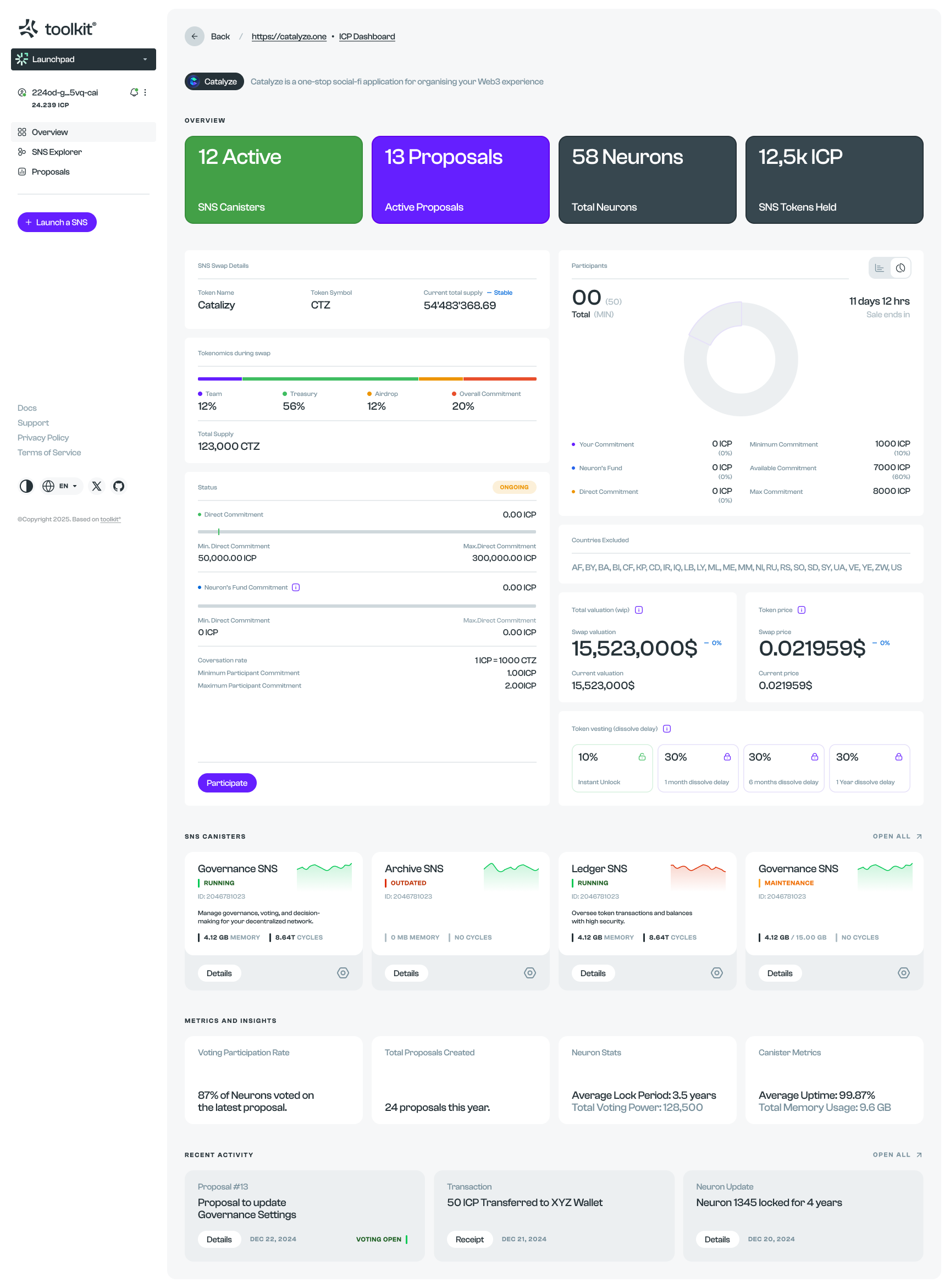SNS Explorer · Allocation, canisters and community activity