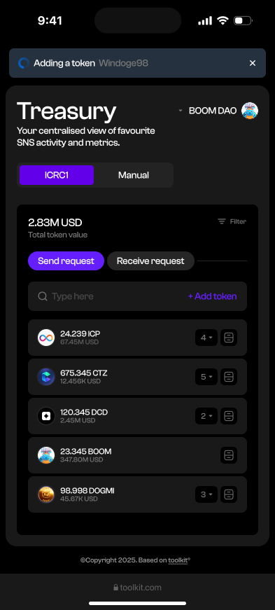 Treasury · Mobile token and account balances