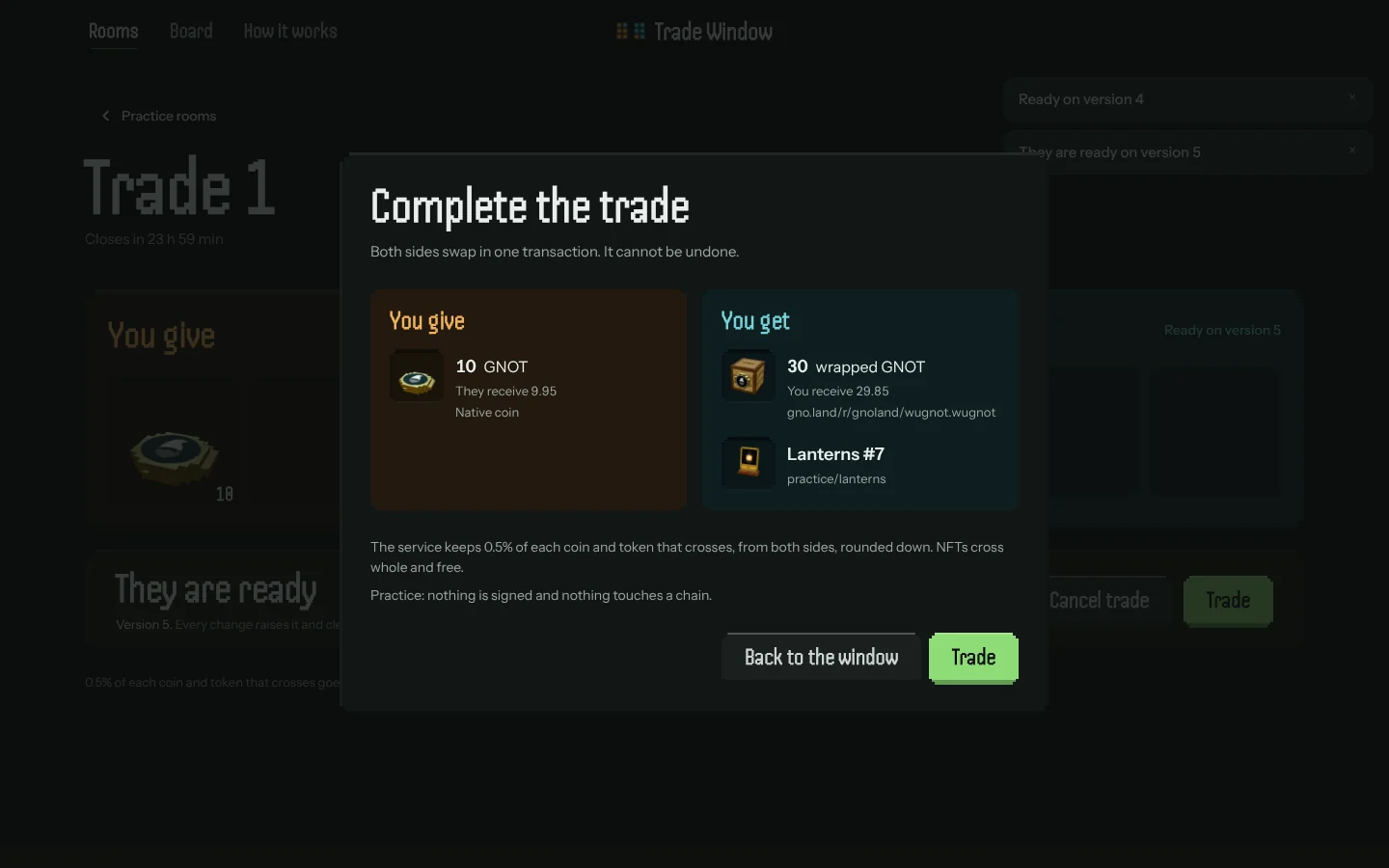 Trade Window — both sides swap in one transaction