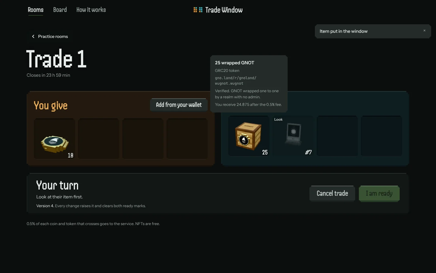 Trade Window — an item’s details: verified, and what arrives after the fee