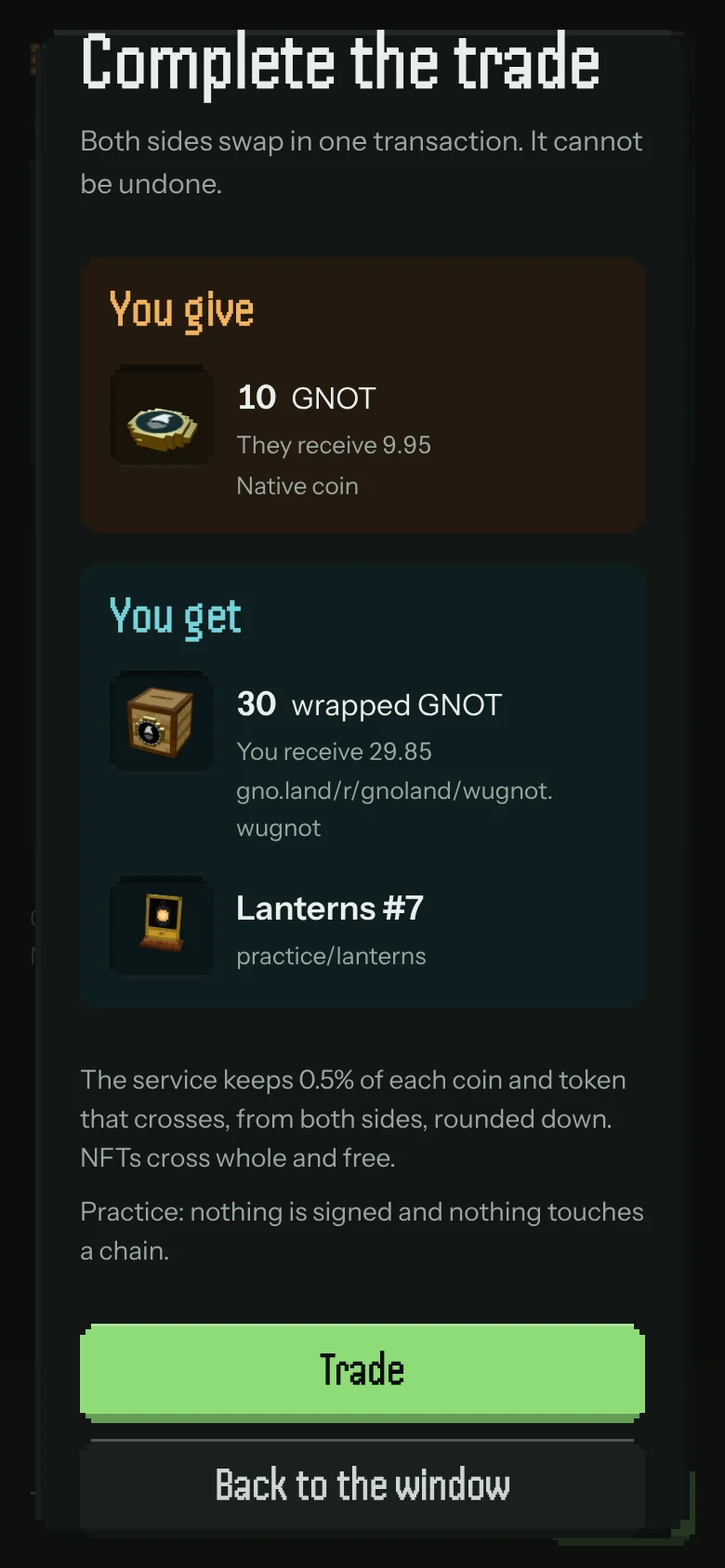 Trade Window — the confirmation, with the fee on each item