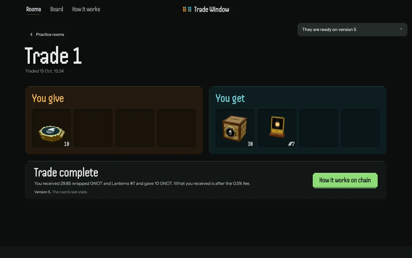 Trade Window — trade complete, after the 0.5% fee