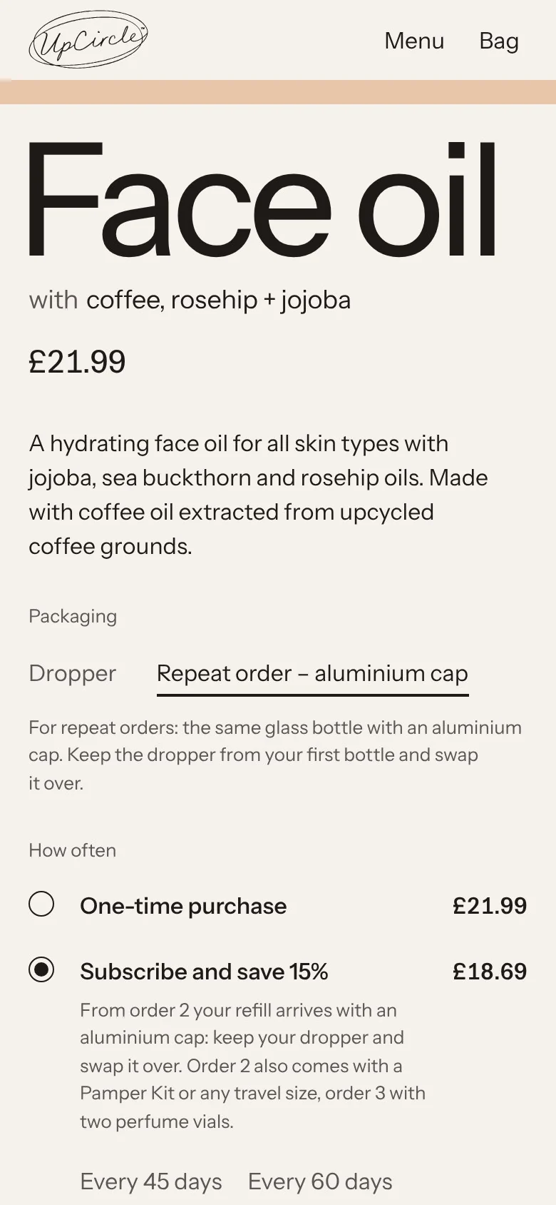 UpCircle With — packaging and how often