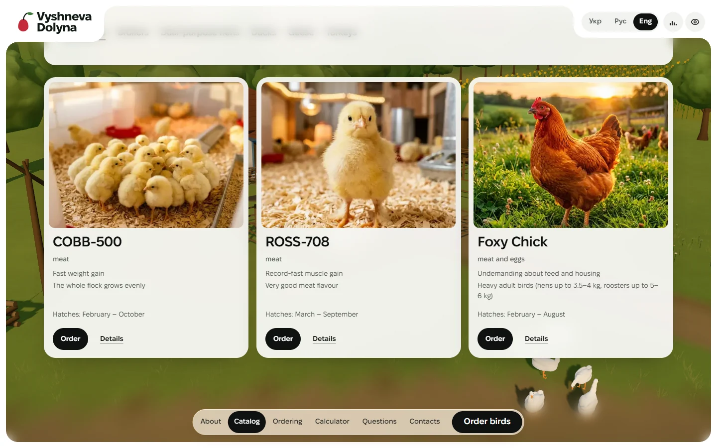 Vyshneva Dolyna — Breed cards with the months they hatch