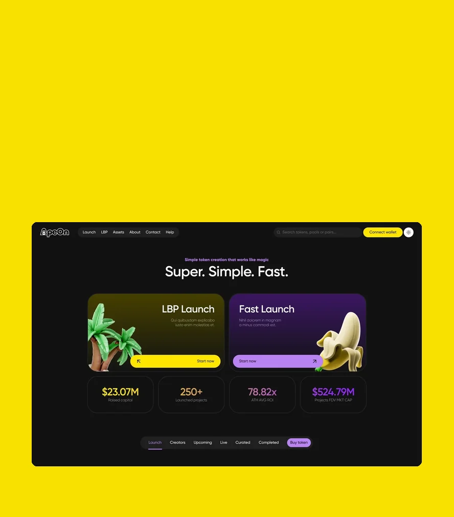 ApeOn — launchpad home on a display, live pools on a phone