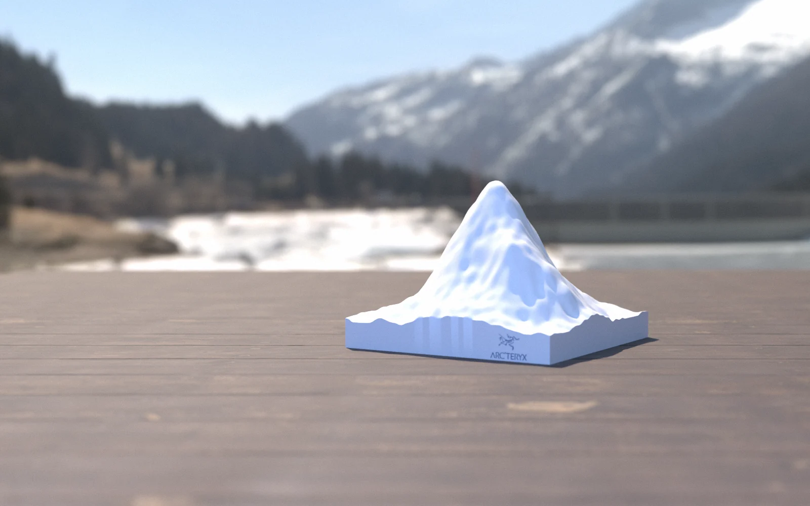 Arc’teryx Conditions — a terrain model of a peak by a mountain lake