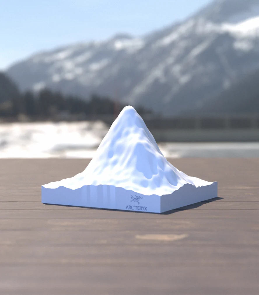 Arc’teryx Conditions — a terrain model of a peak by a mountain lake