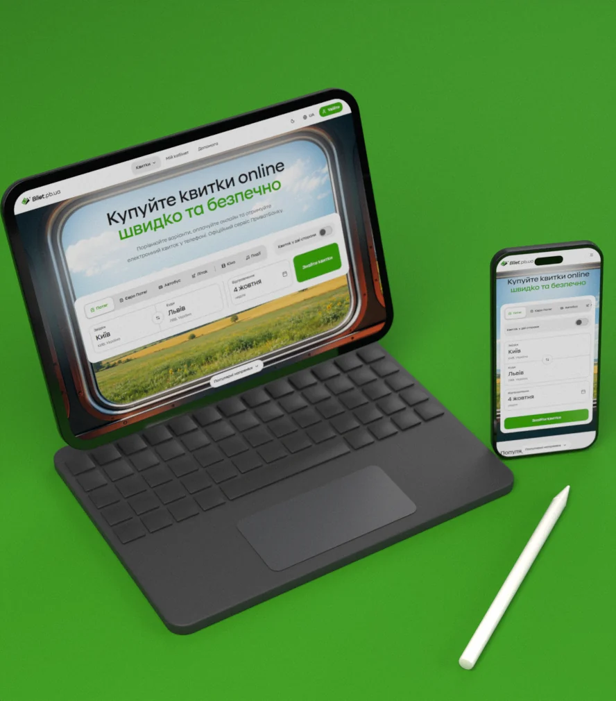 Bilet PB UA — ticket booking on a tablet and a phone, on green