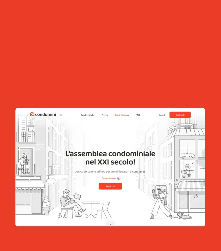Condomini — landing page on a display, feature list on a phone
