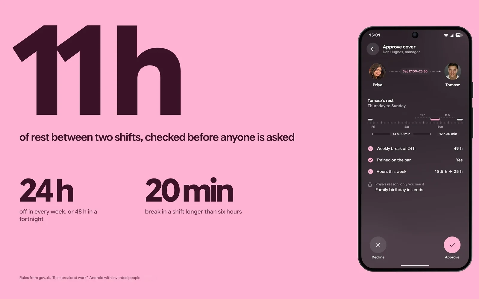 Cover — a shift swap request on an Android phone, on pink