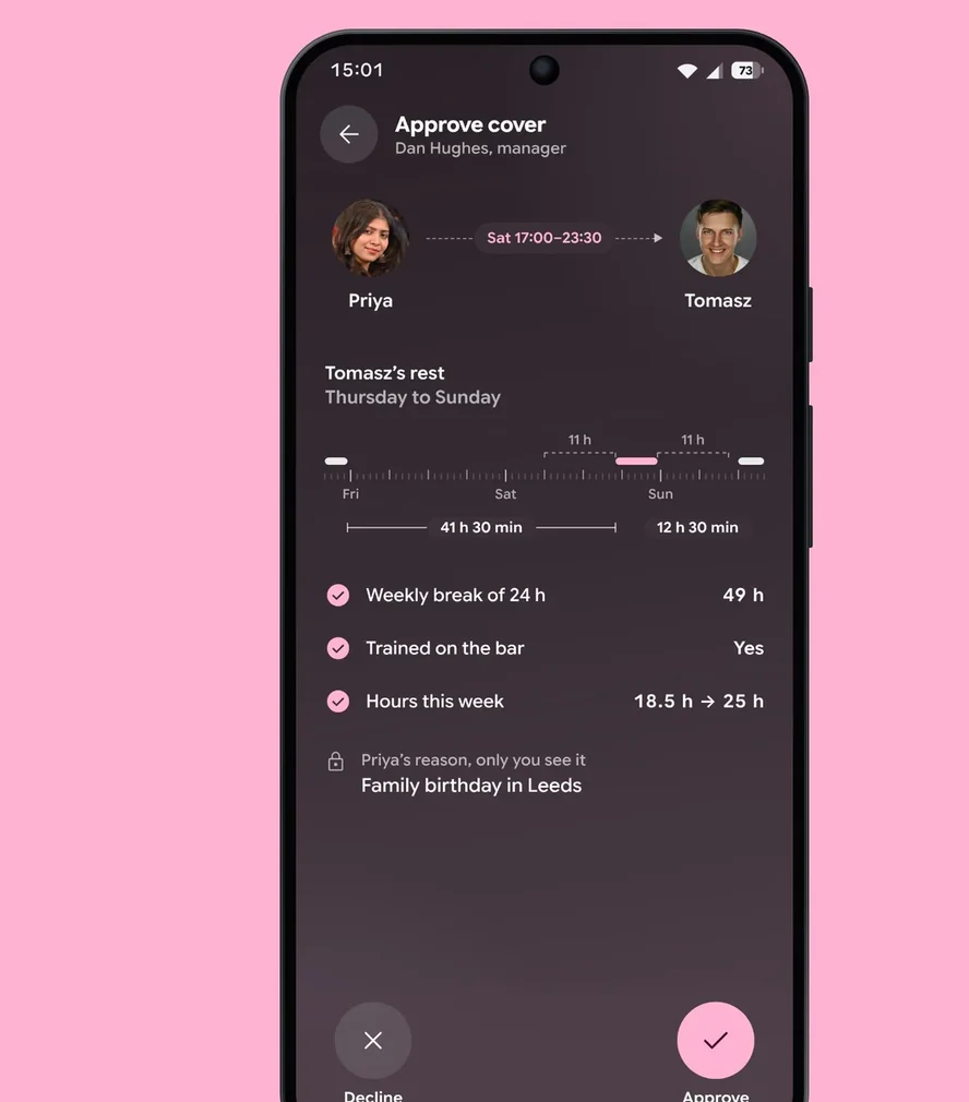 Cover — a shift swap request on an Android phone, on pink