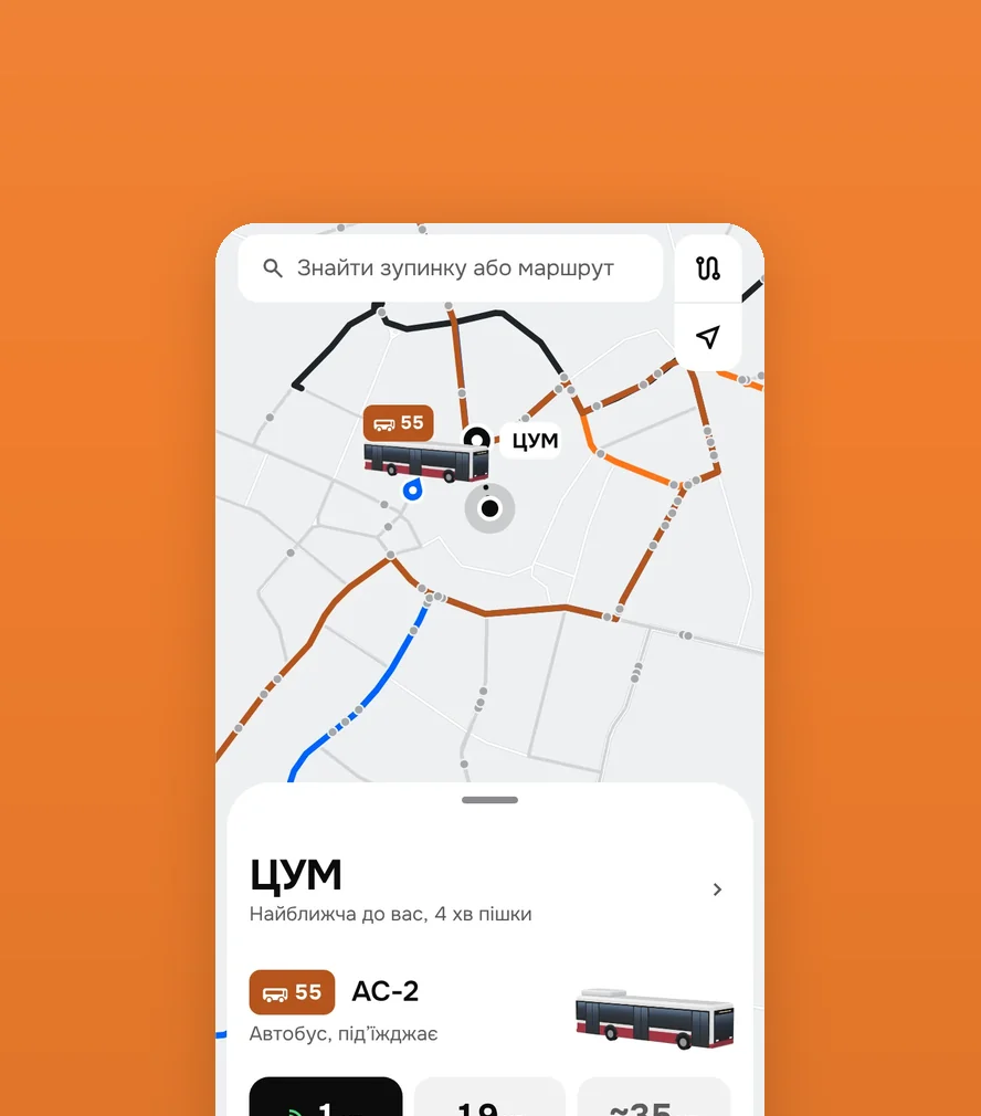 Dozor — the map with a bus route, on orange