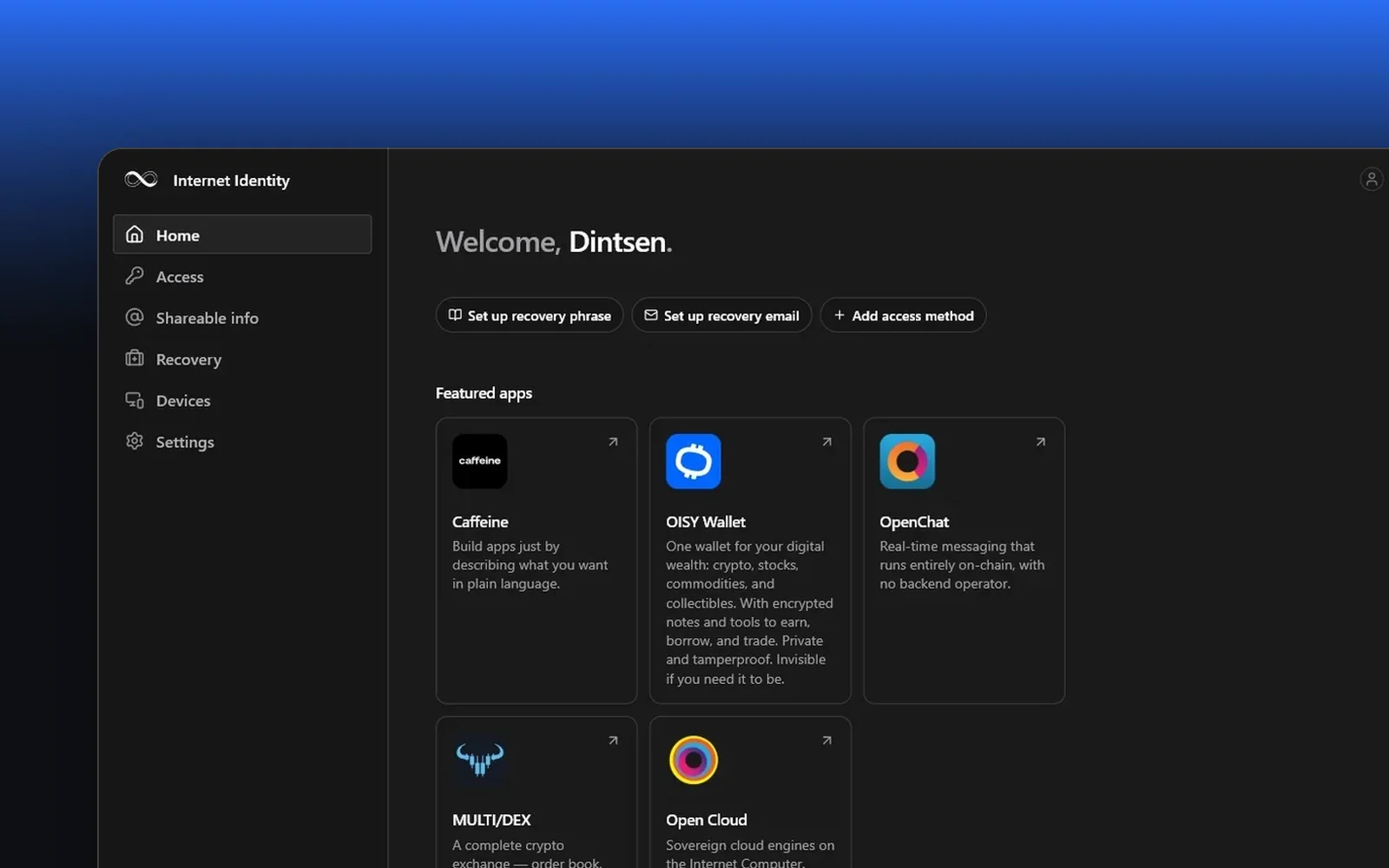 id.ai — the signed-in home with featured apps, on blue