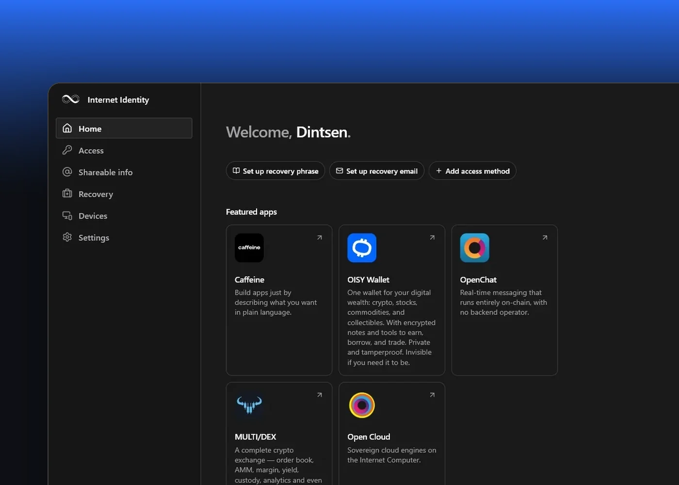 id.ai — the signed-in home with featured apps, on blue