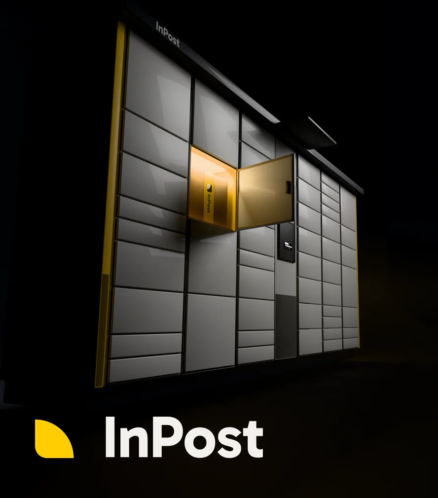 InPost — a wall of parcel lockers at night, one cell open and lit