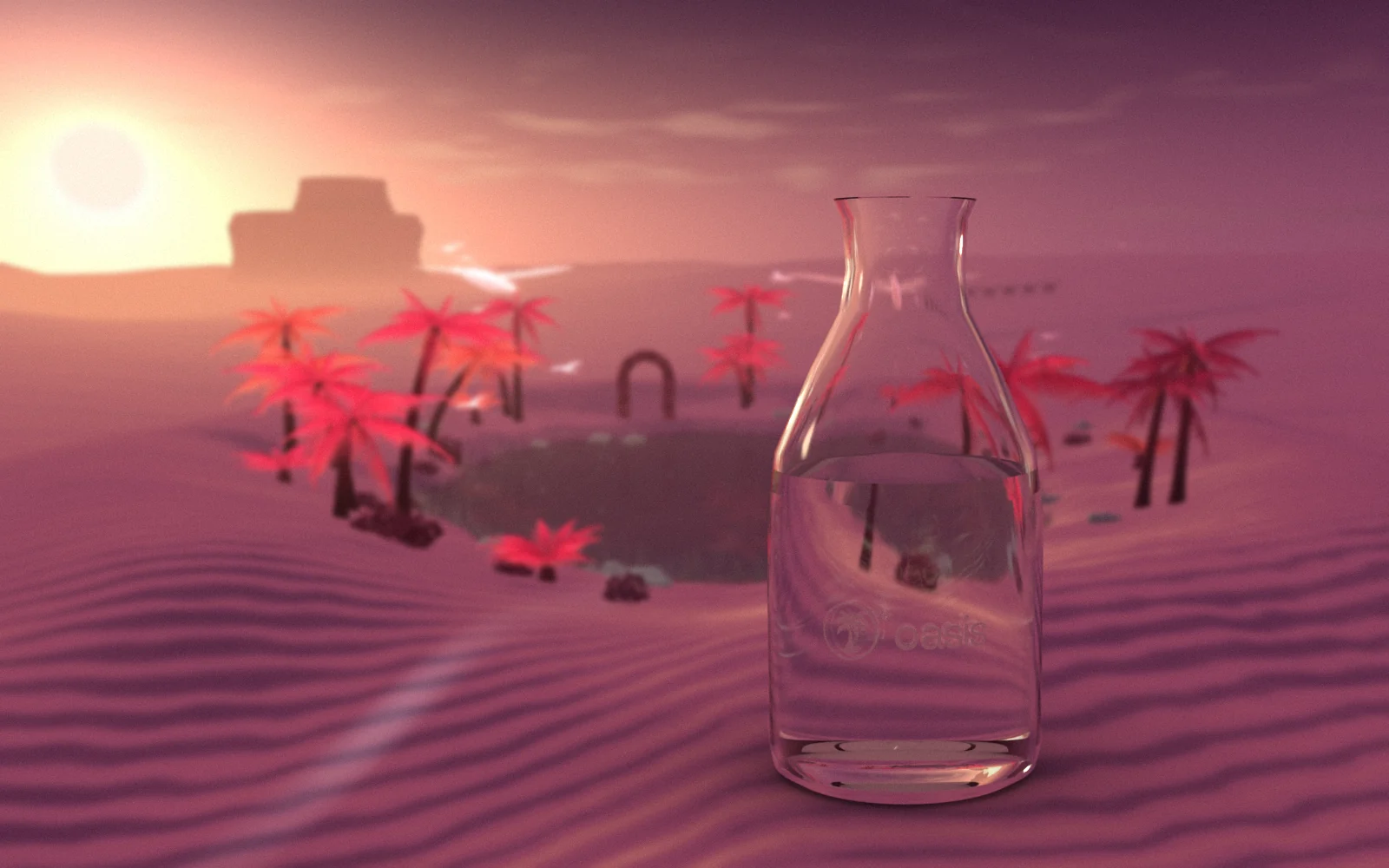 Oasis — a glass carafe on a dune at dusk, palms behind