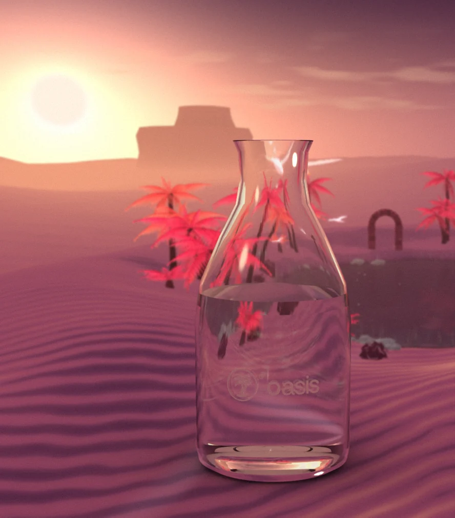Oasis — a glass carafe on a dune at dusk, palms behind