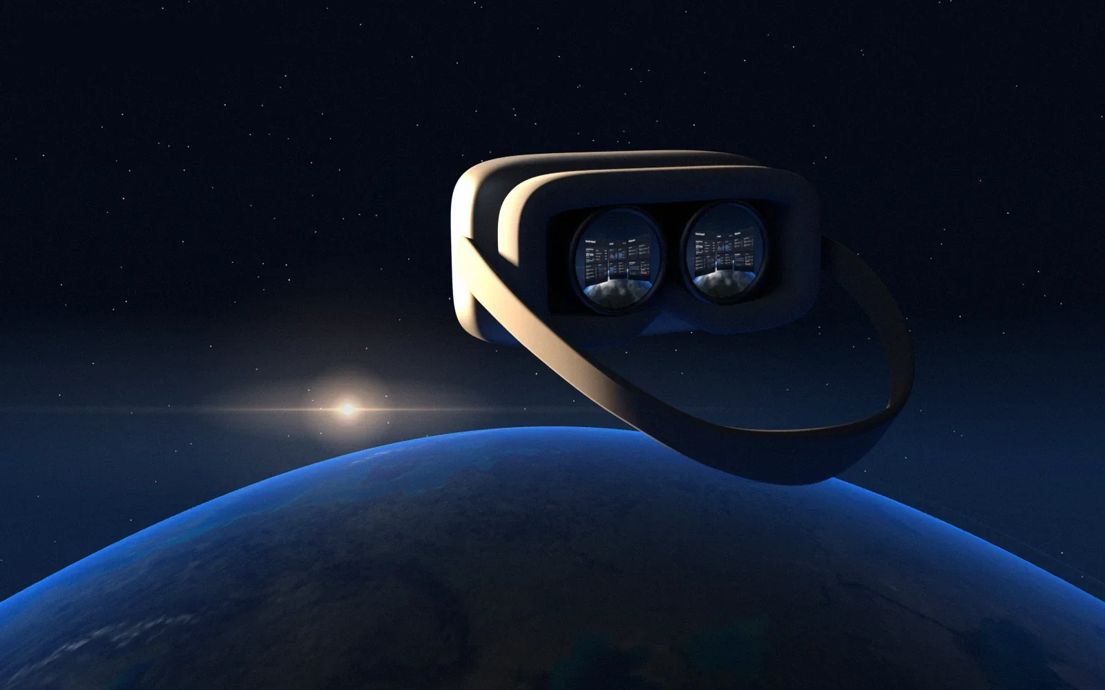 Orbita — a VR headset over the Earth, the dashboards in its lenses