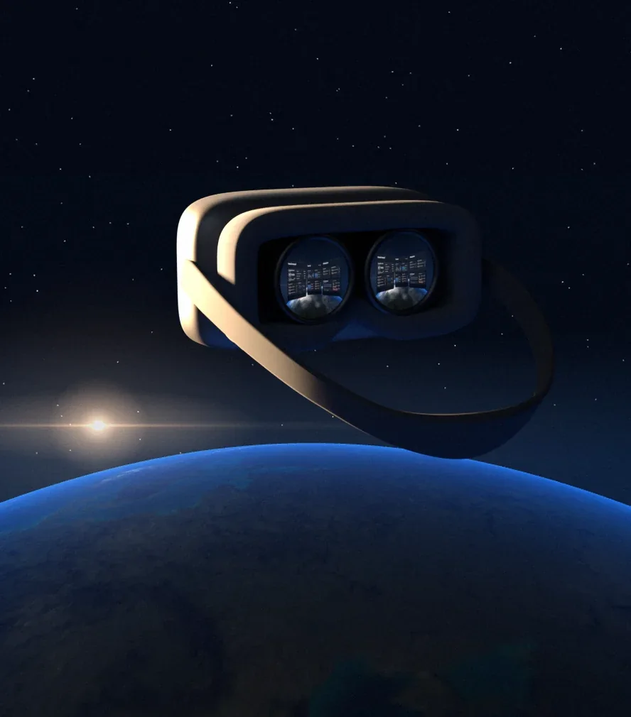 Orbita — a VR headset over the Earth, the dashboards in its lenses