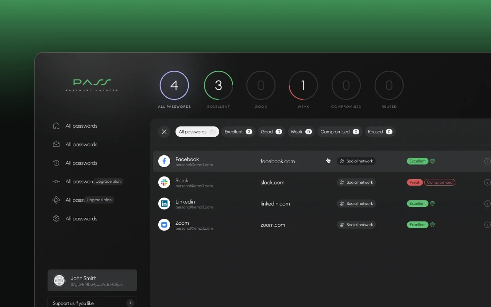 Pass — the password vault on dark green