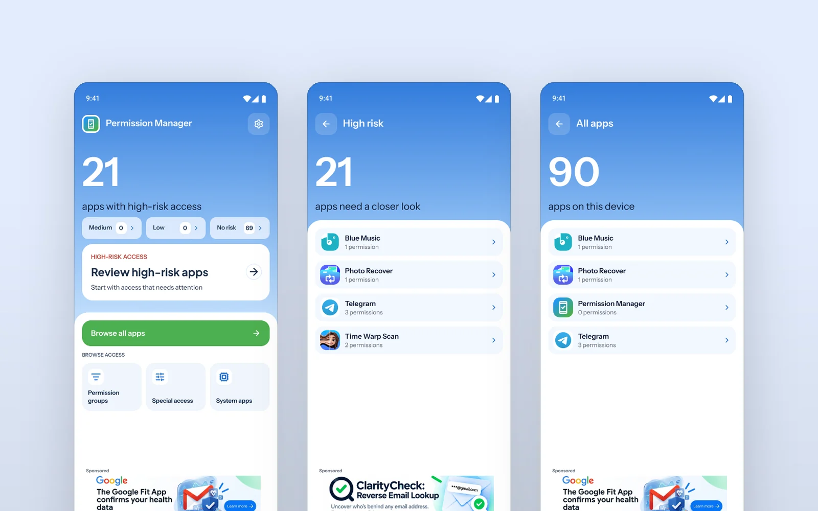 Permission Manager — the dashboard and two app lists, on pale blue